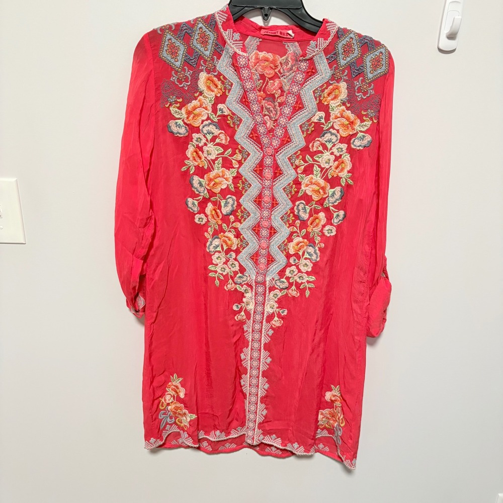 Johnny Was Harlow Embroidered Floral Tunic Top Women Pink XS Roll Tab Sleeve